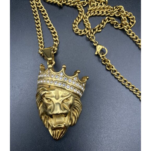 Lion Head Crown Hip Hop Gold Tone 2.25" Pendant Rhinestones 24" Curb Link Chain - Picture 2 of 6